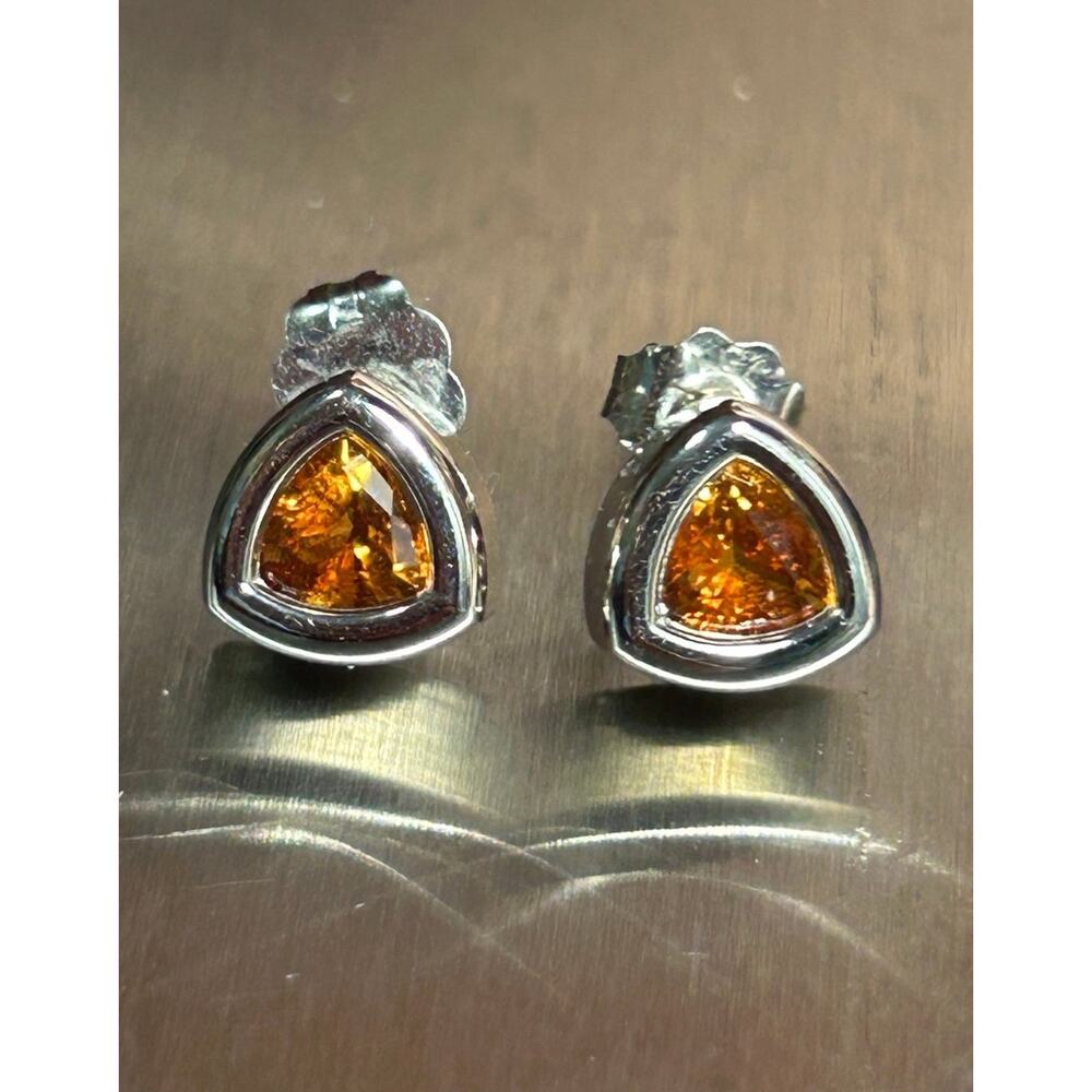 14k solid white gold triangle shaped citrine gemstone post stud earrings